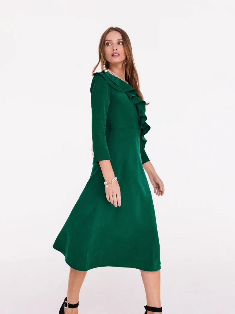 Dark green midi dress with ruffle