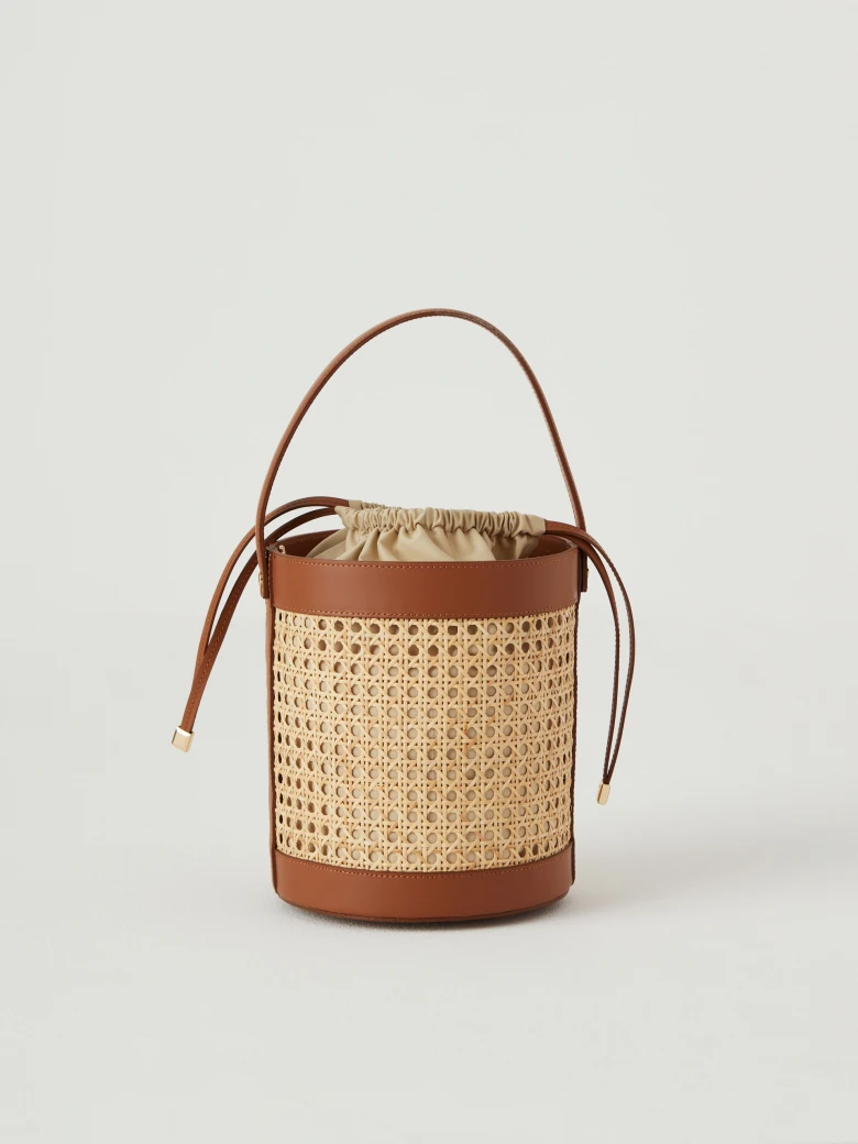 Leather and raffia bucket bag