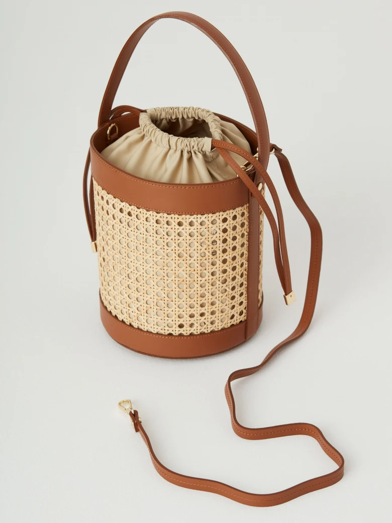 Leather and raffia bucket bag