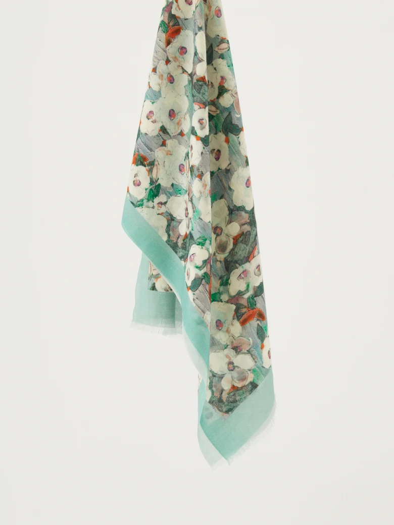 Blue wool scarf with flowers