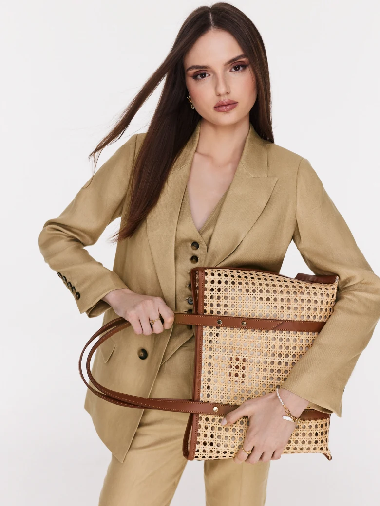 Torebka shopper ze skóry naturalnej i z rattanu