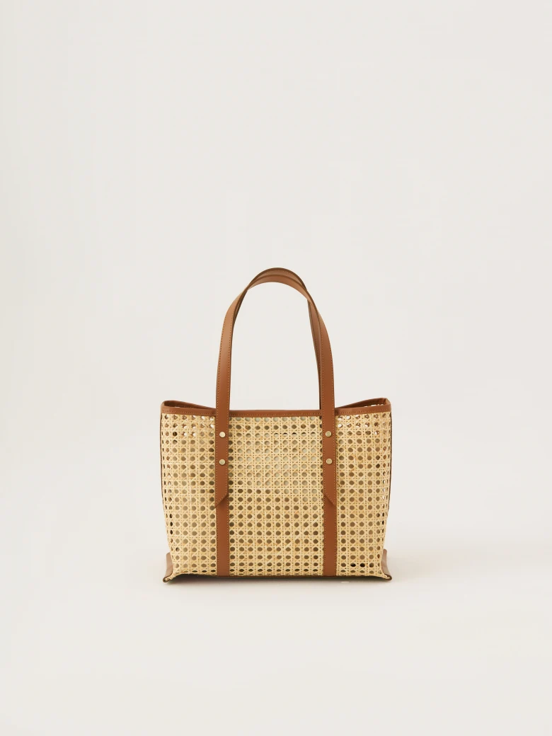 Torebka shopper ze skóry naturalnej i z rattanu