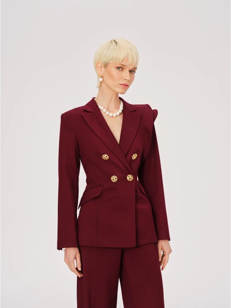 Elegancka burgundowa marynarka z ozdobną falbaną