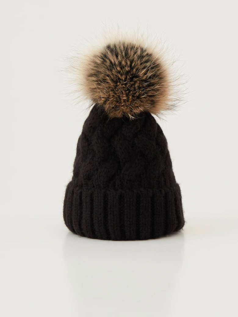 Black beanie with added wool and fur pompom