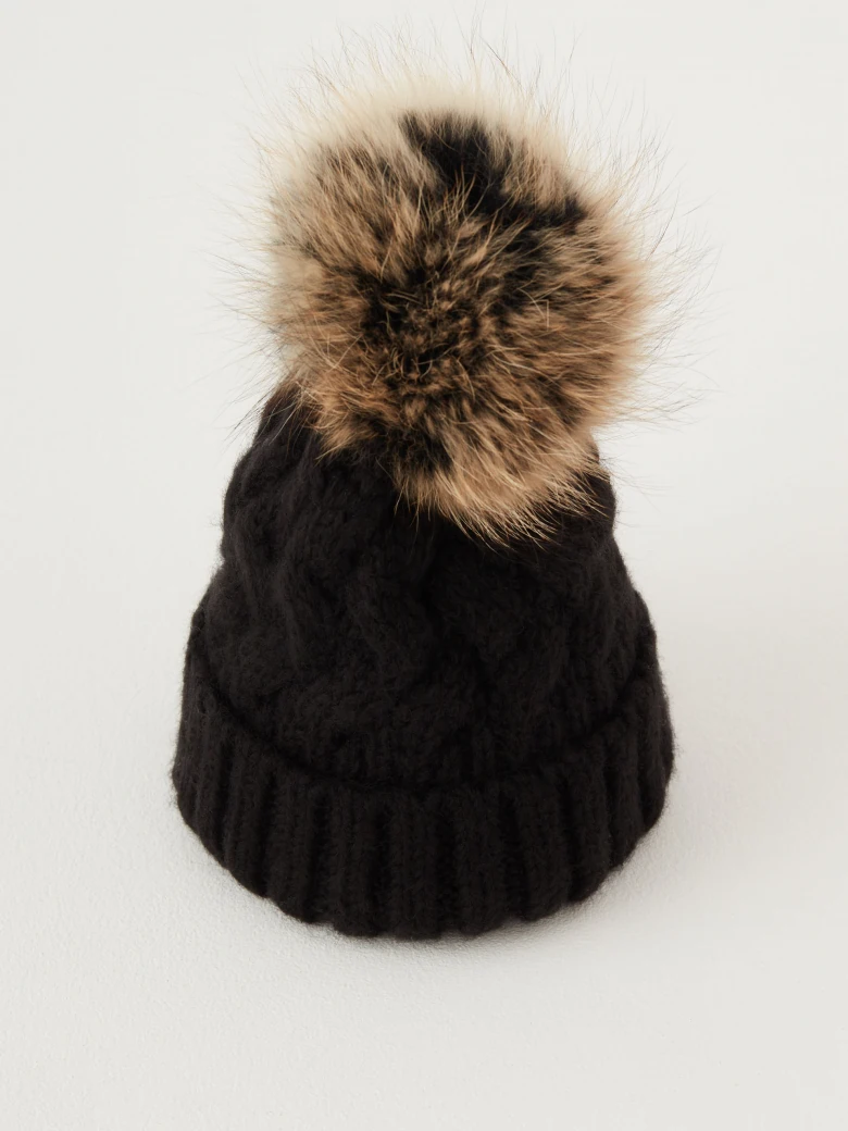 Black beanie with added wool and fur pompom