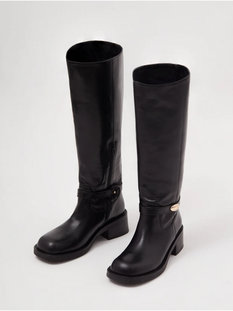 Skórzane czarne kozaki biker boots