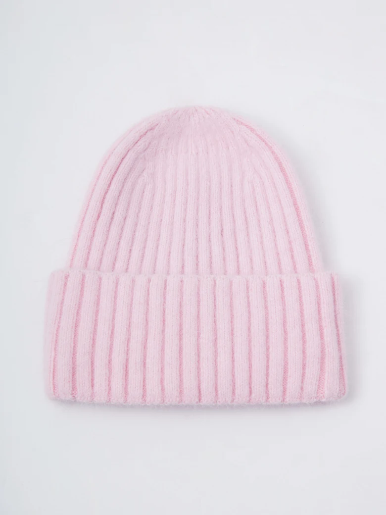 Powder pink hat with angora knit cuff