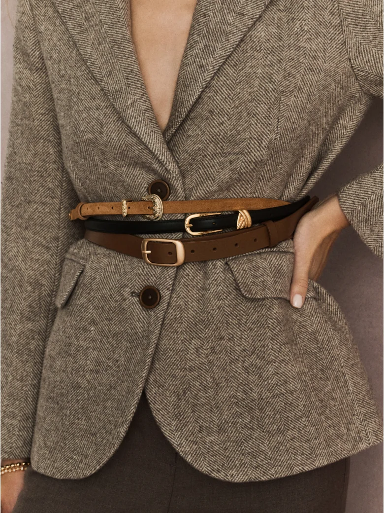 Brown suede leather belt with decorative buckle