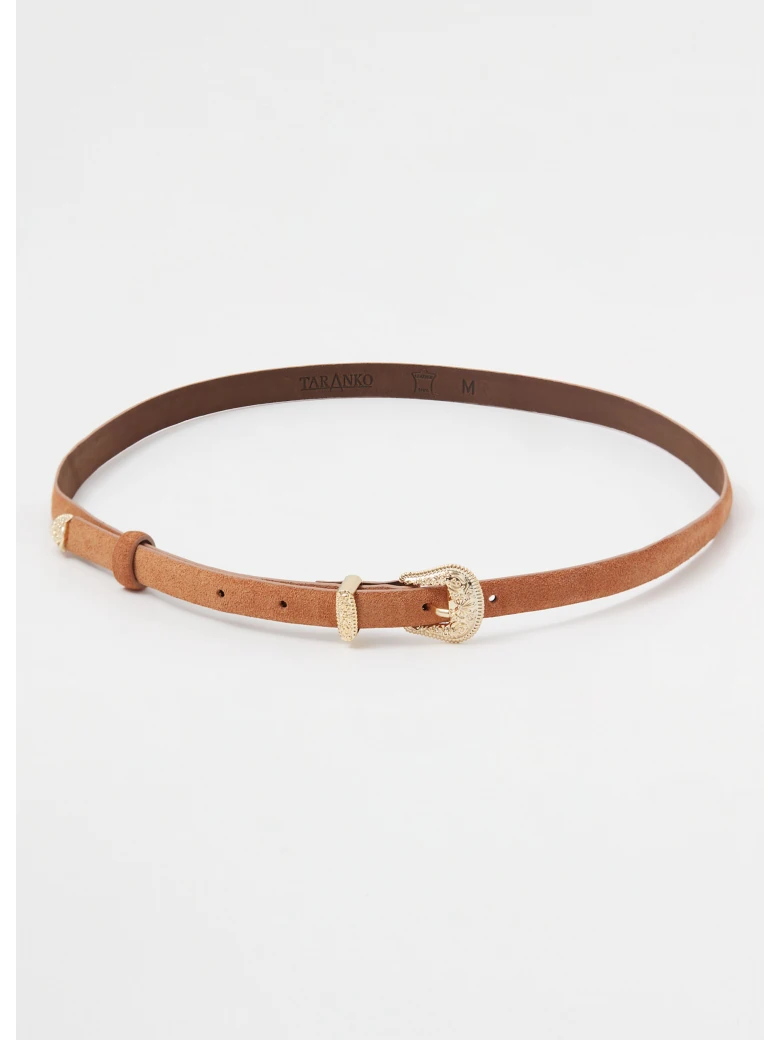Brown suede leather belt with decorative buckle