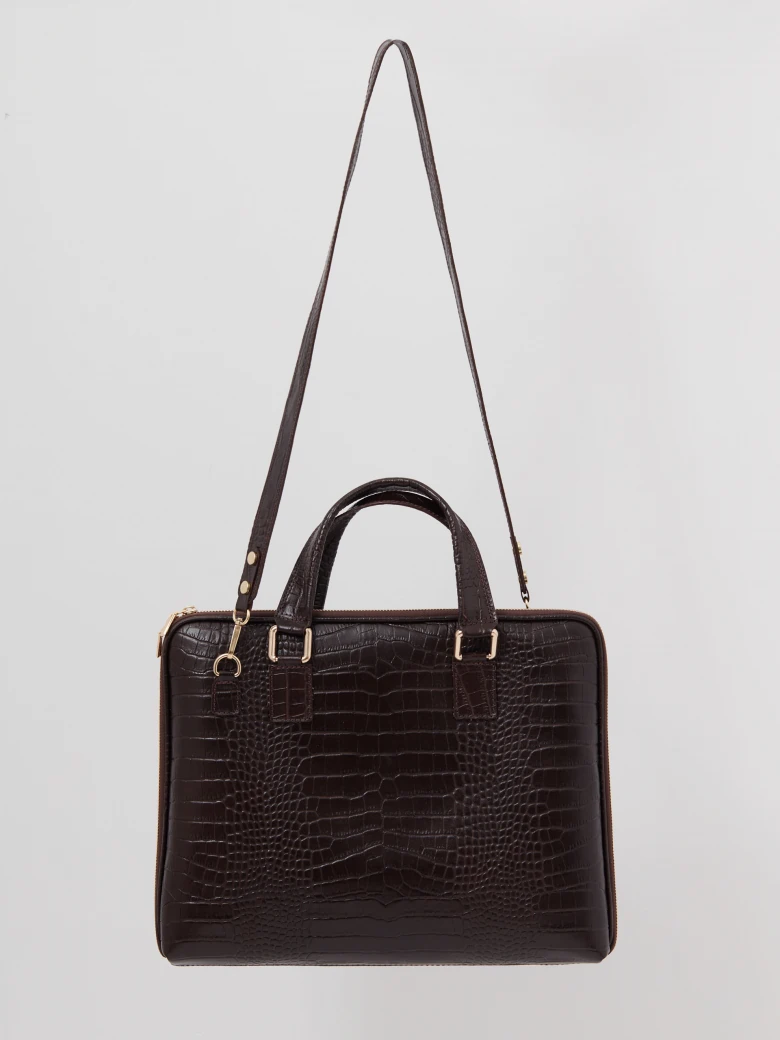 Chocolate brown leather laptop bag with animal print