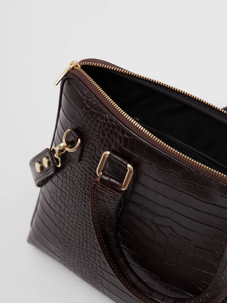 Chocolate brown leather laptop bag with animal print