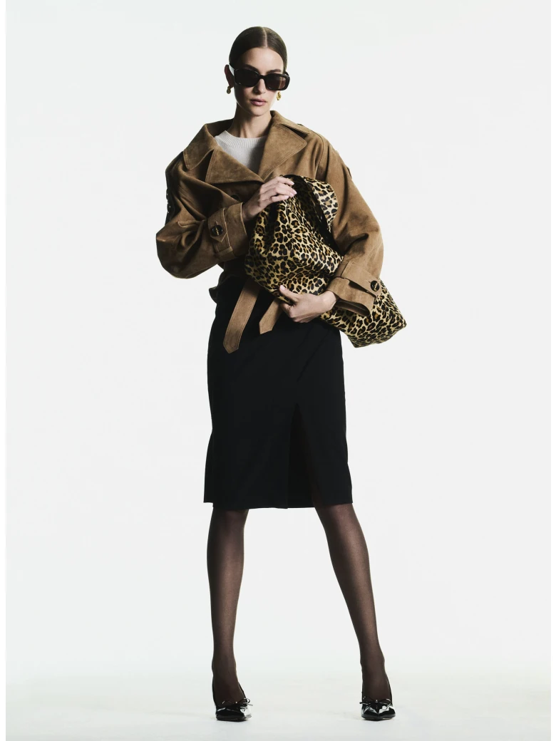Leather handbag with a leopard print and fur texture