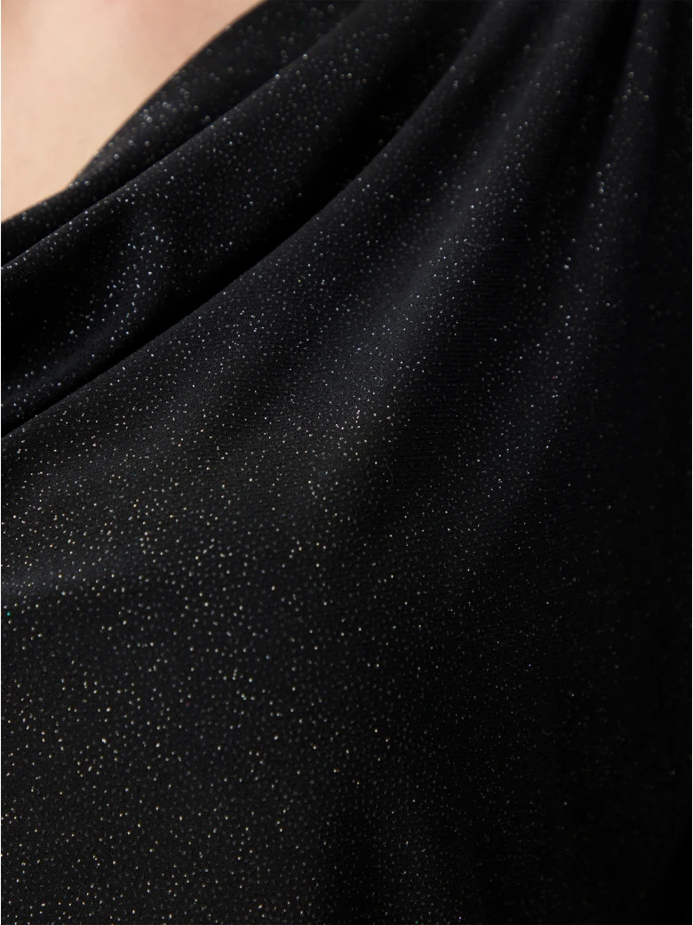 Black shiny blouse with a cowl neckline