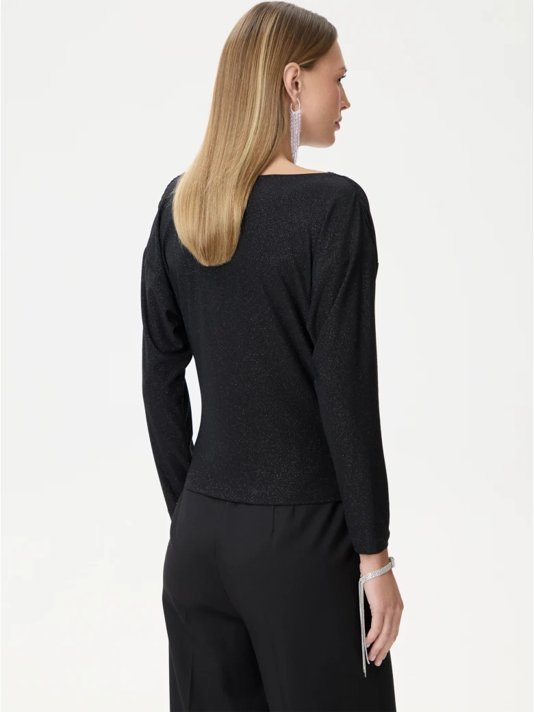 Black shiny blouse with a cowl neckline