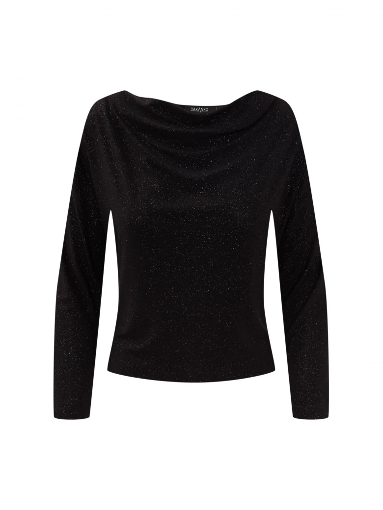 Black shiny blouse with a cowl neckline