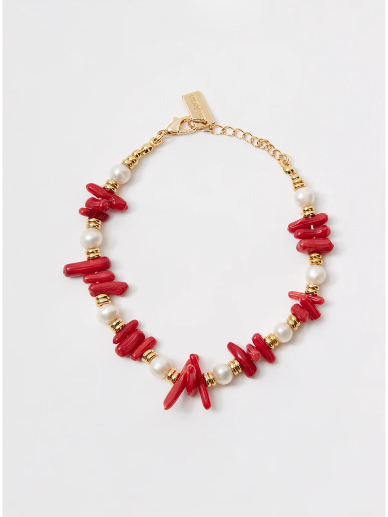 Gold-plated bracelet with pearls and red beads