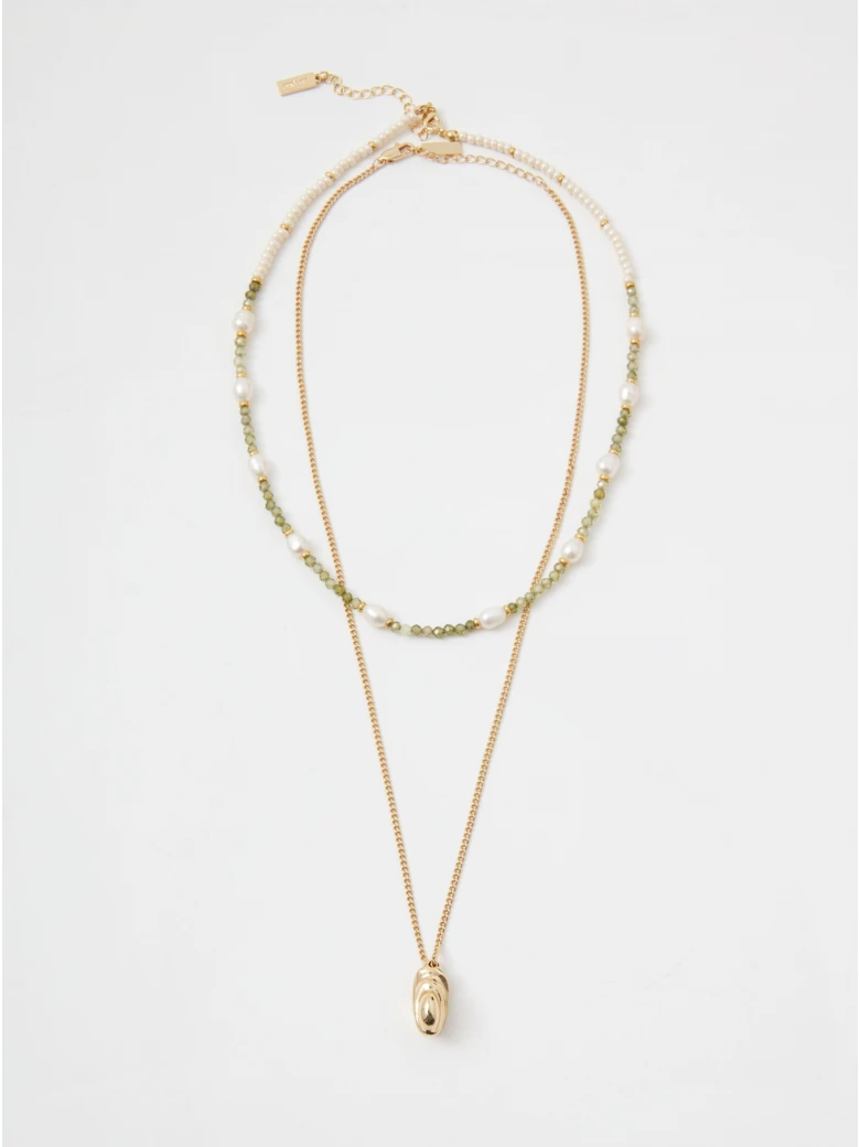 Double gold-plated necklace with pendant and green stones