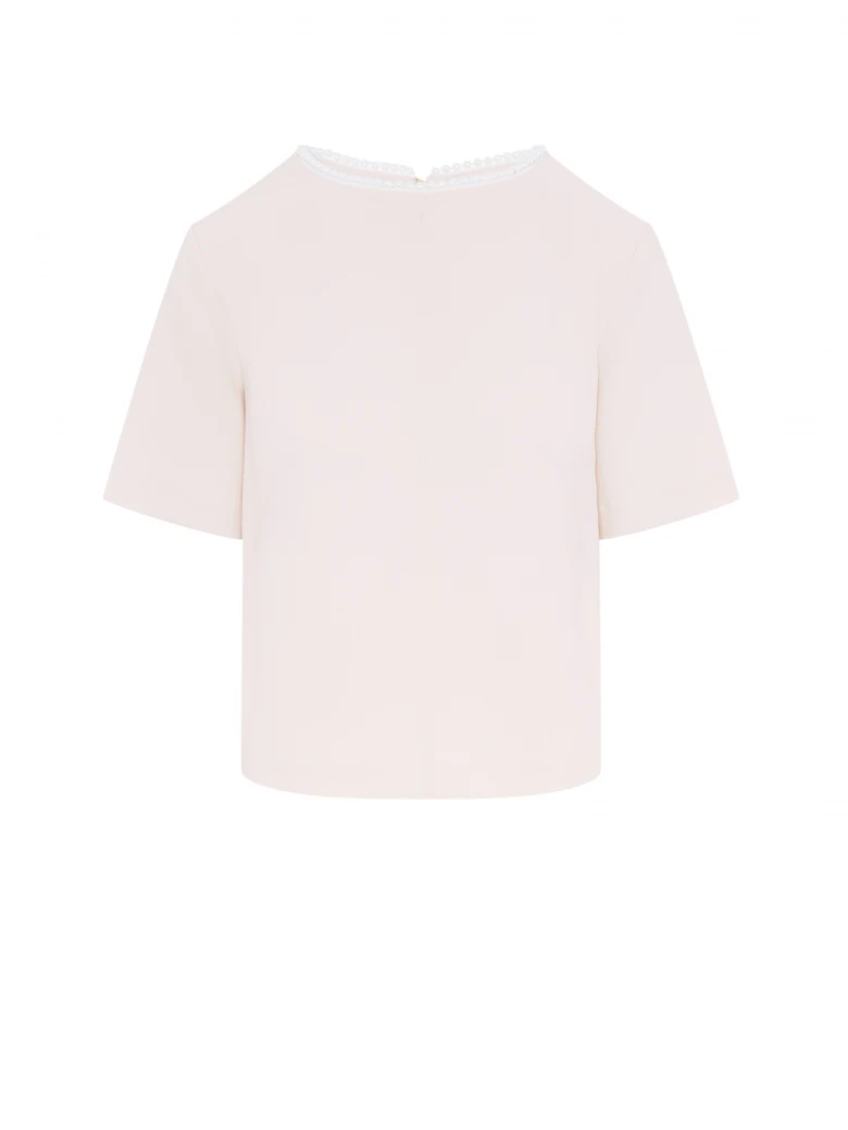 Beige boxy blouse with pearl collar