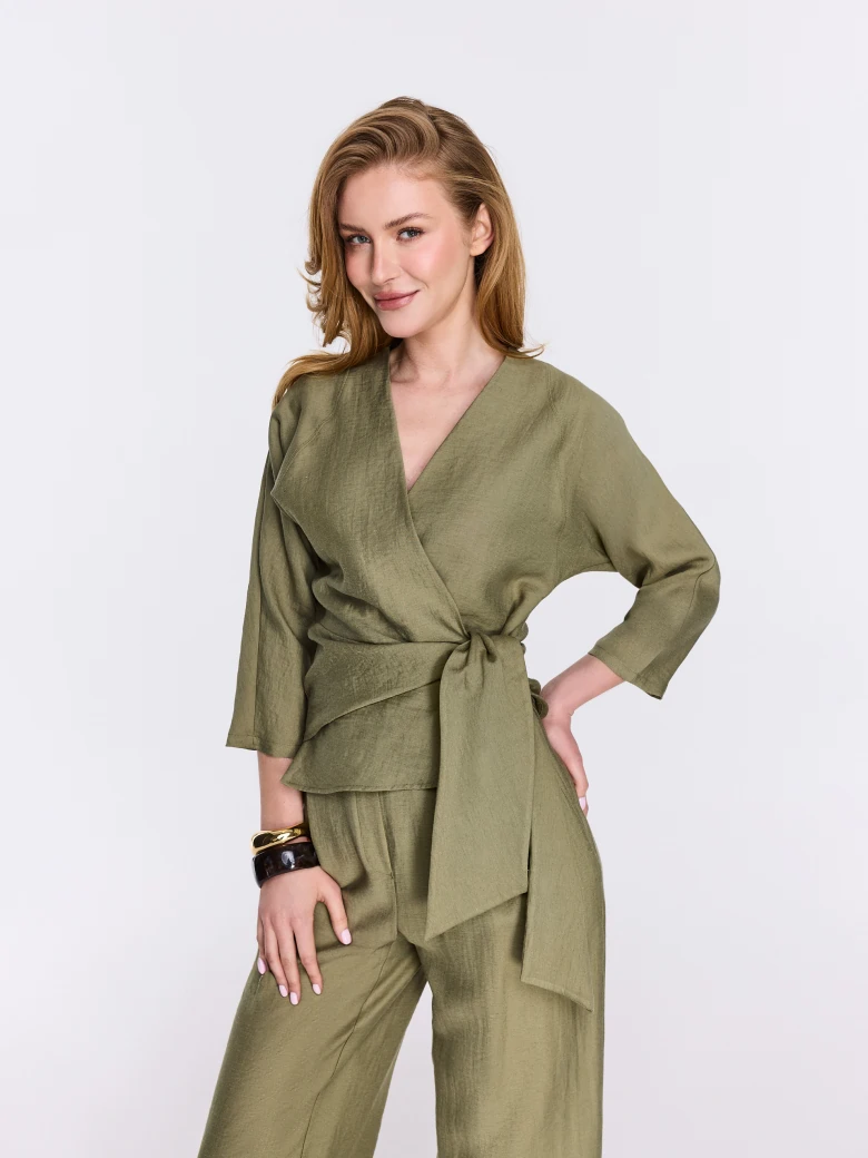 Olive-green viscose blouse with a wrap-around neckline