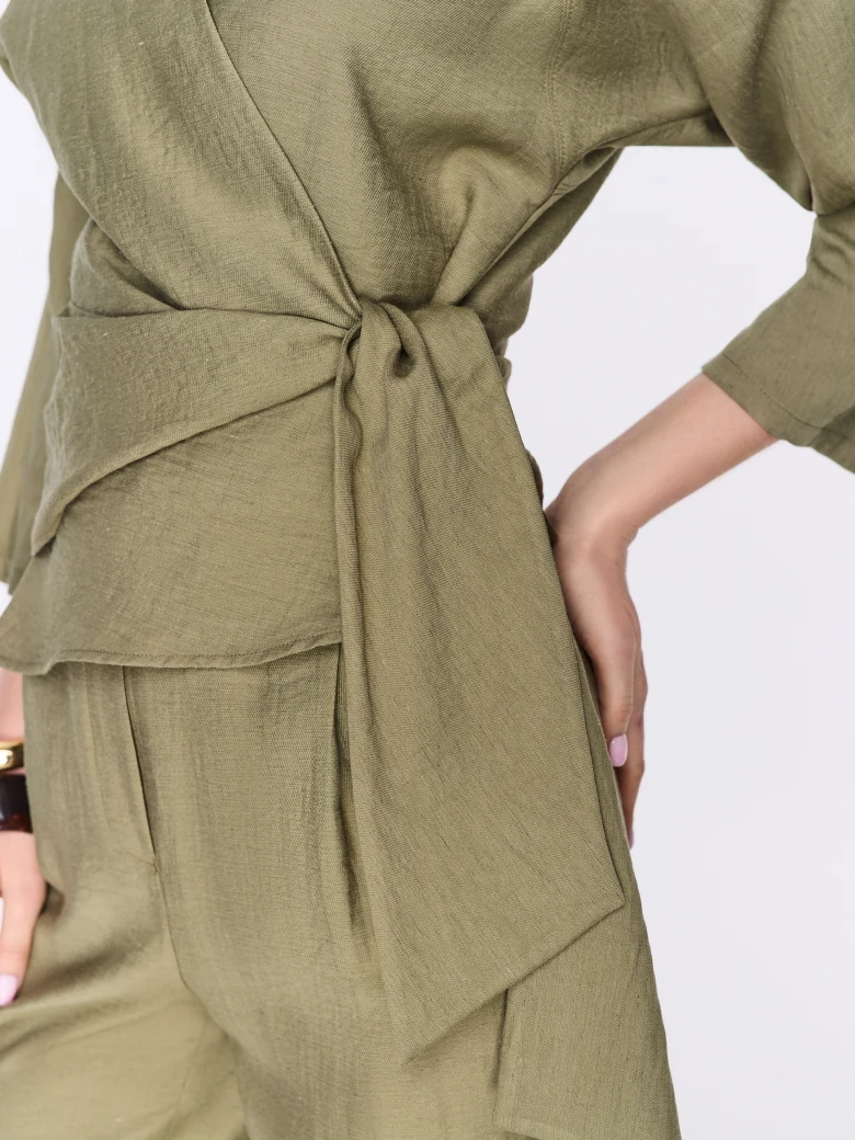 Olive-green viscose blouse with a wrap-around neckline