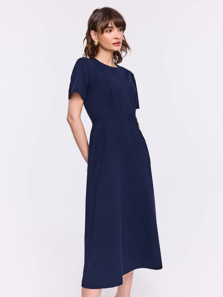 Navy blue flared dress with decorative buckle