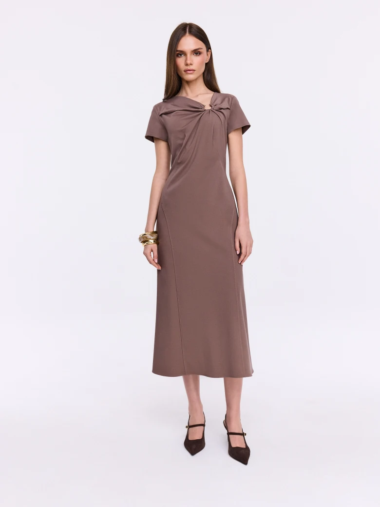 Chocolate midi dress with a decorative neckline