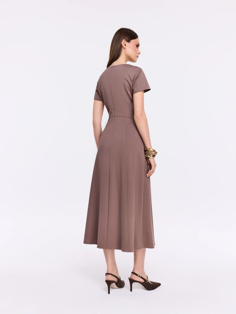 Chocolate midi dress with a decorative neckline