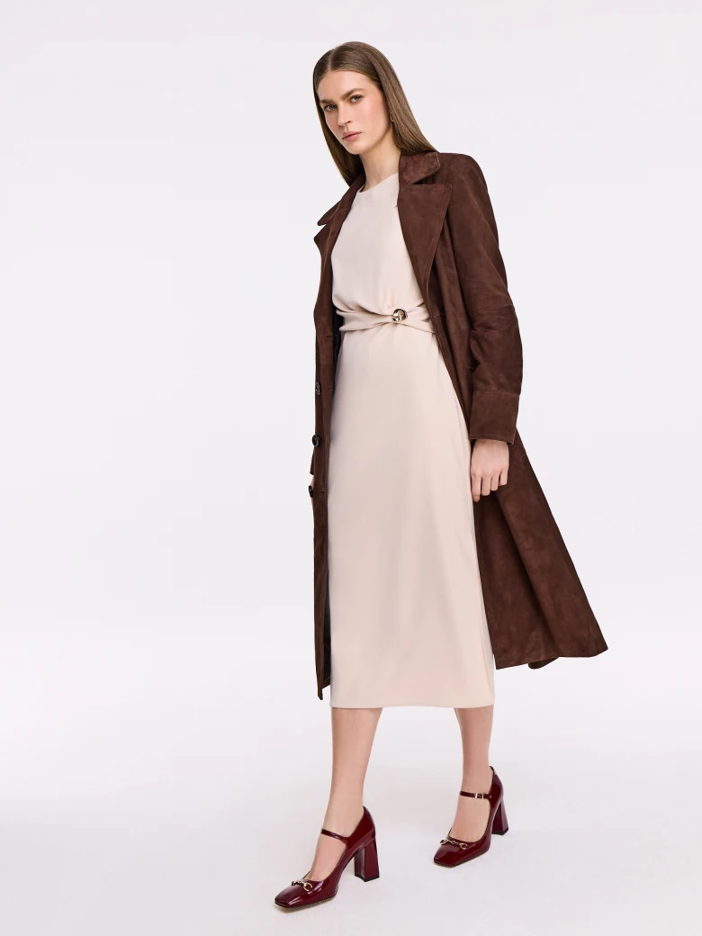 Cream midi dress with ruffles at the waist