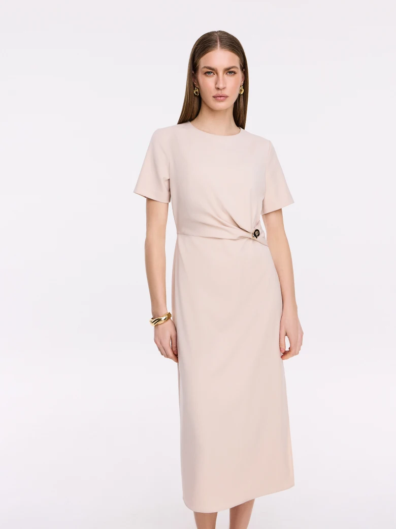 Cream midi dress with ruffles at the waist