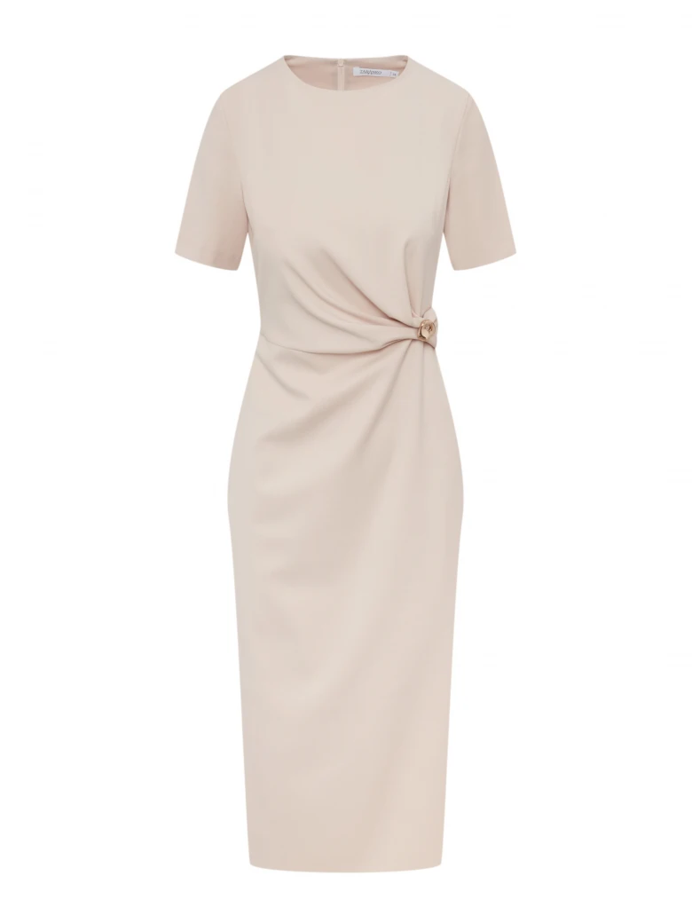 Cream midi dress with ruffles at the waist