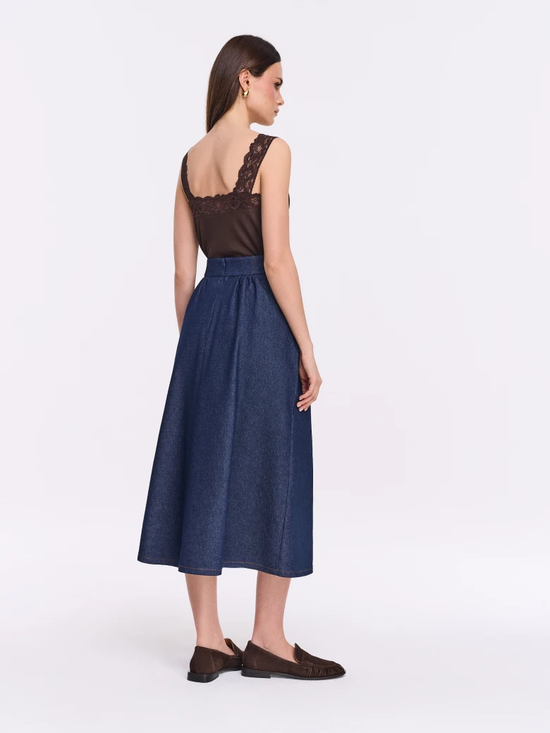 High-waisted denim midi skirt