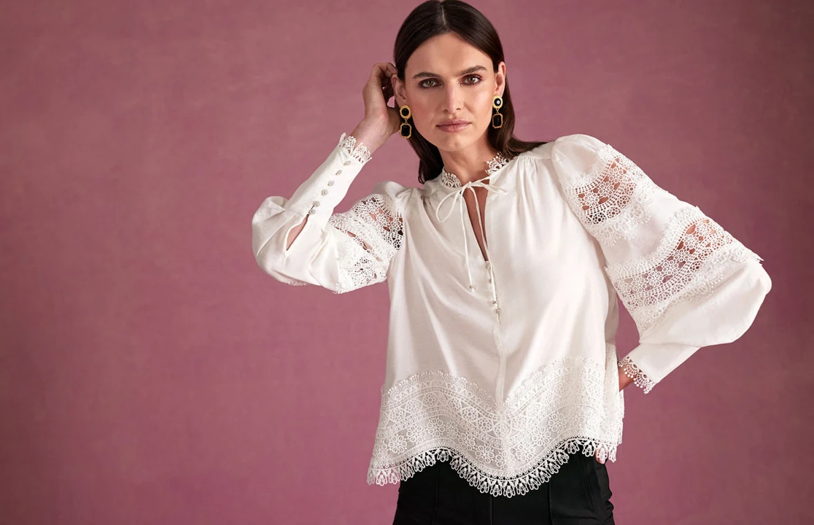 White openwork blouse with lace and binding