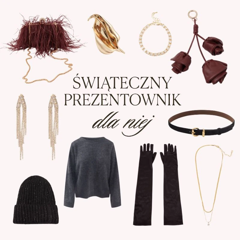 Eleganckie pomysły na prezent dla żony pod choinkę: bordowa torebka z piórami, długie czarne rękawiczki, złota biżuteria i ciepły sweter. Eleganckie pomysły na prezent dla żony pod choinkę