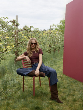 A burgundy short-sleeved blouse
