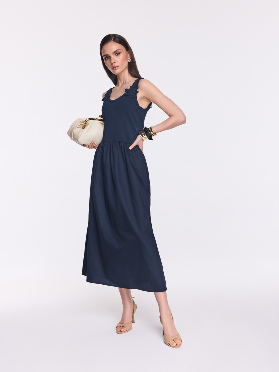 Navy blue midi dress with decorative straps