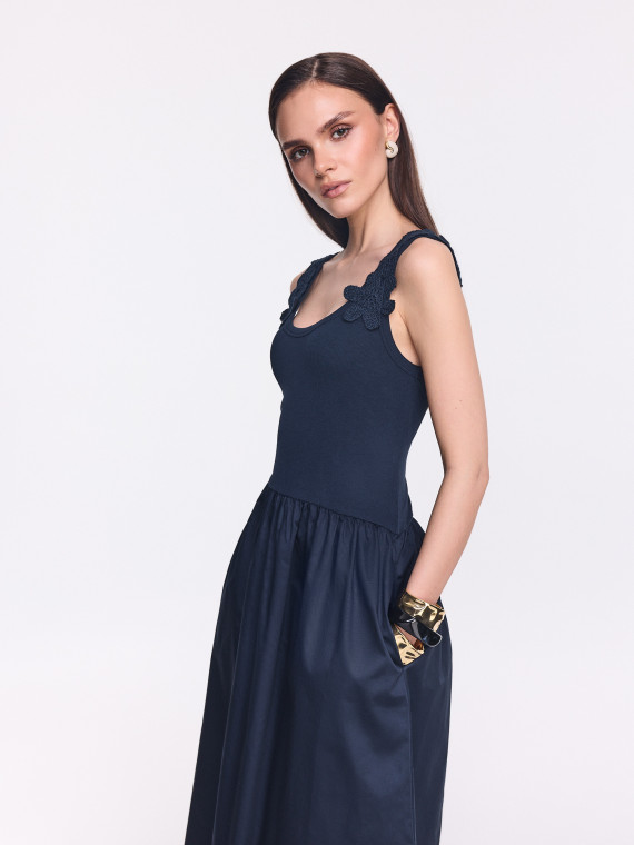Navy blue midi dress with decorative straps