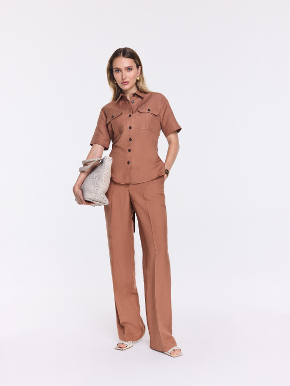 Caramel-colored wide-leg pants with linen