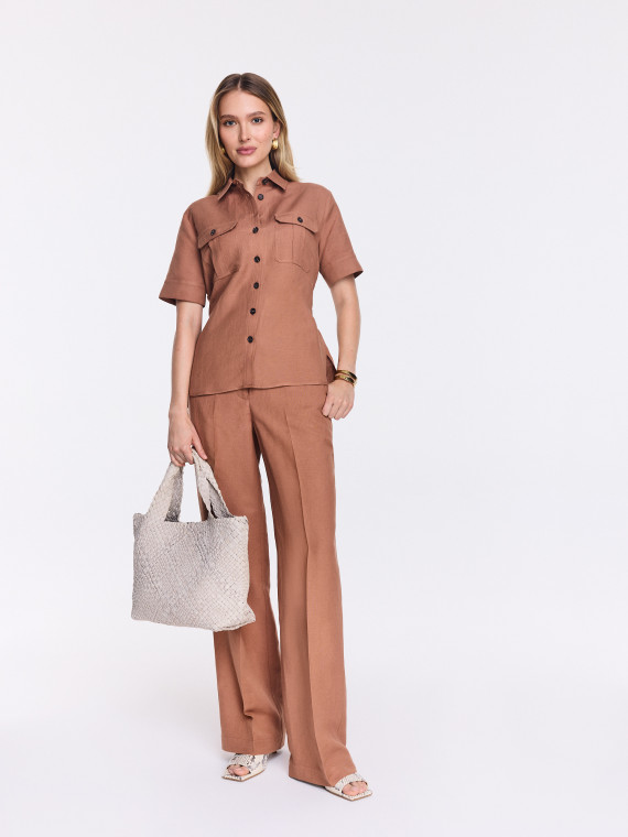 Caramel-colored wide-leg pants with linen