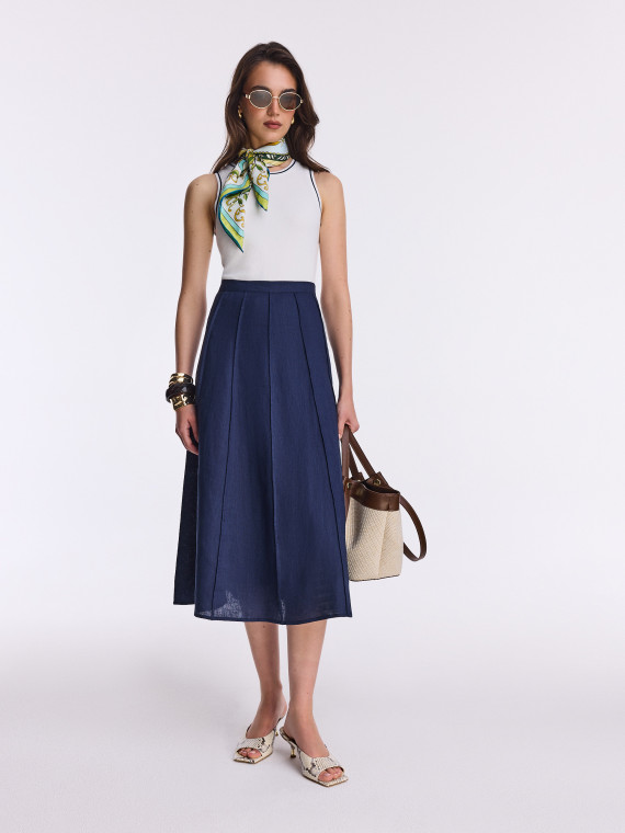 Navy blue linen high-waisted midi skirt