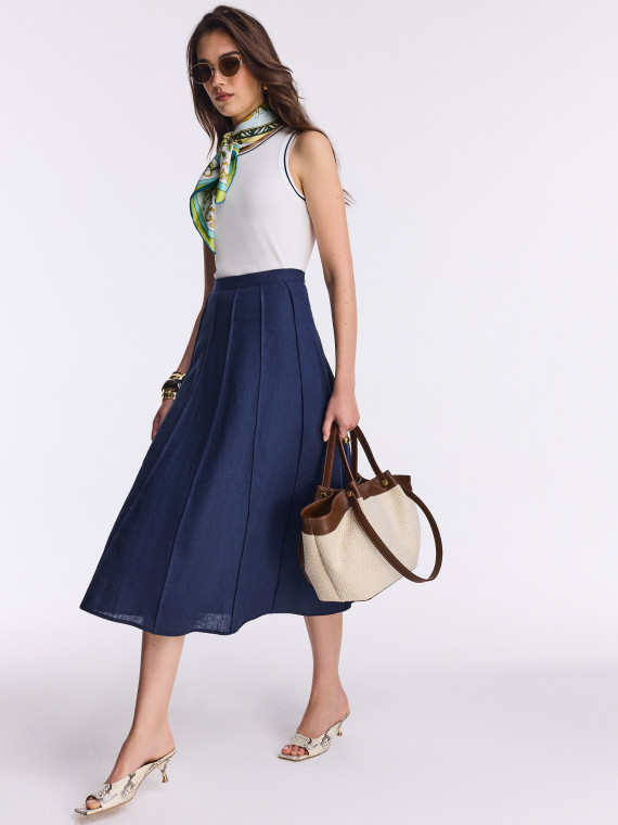 Navy blue linen high-waisted midi skirt