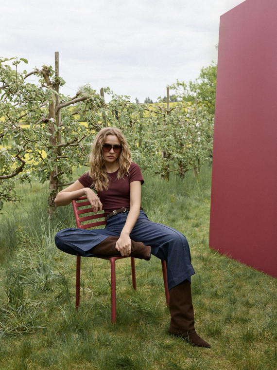 A burgundy short-sleeved blouse