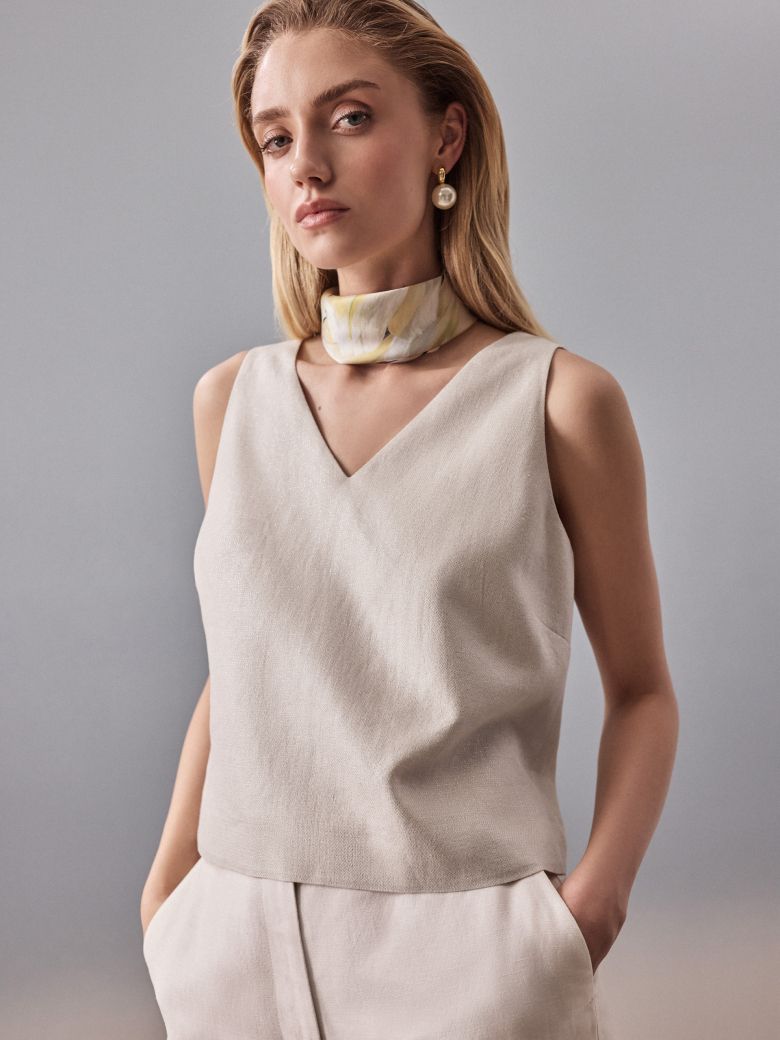 Beige linen top with metallic thread