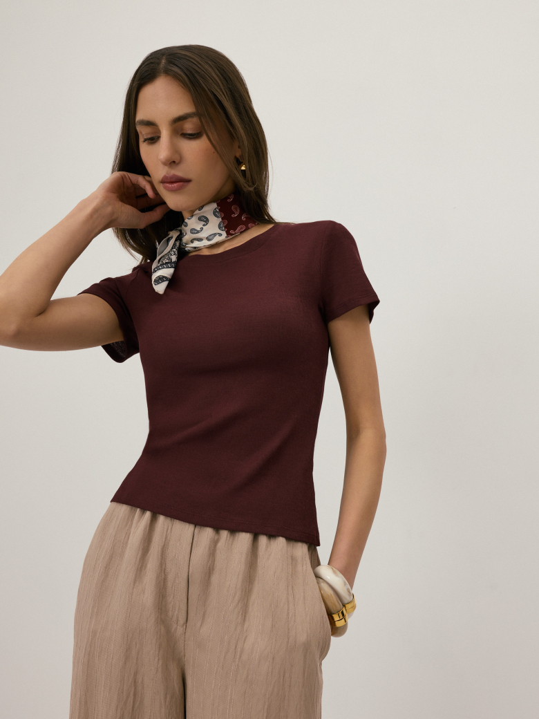 A burgundy short-sleeved blouse