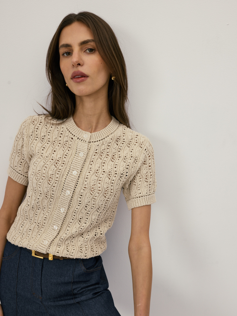 Beige openwork cardigan with short sleeves