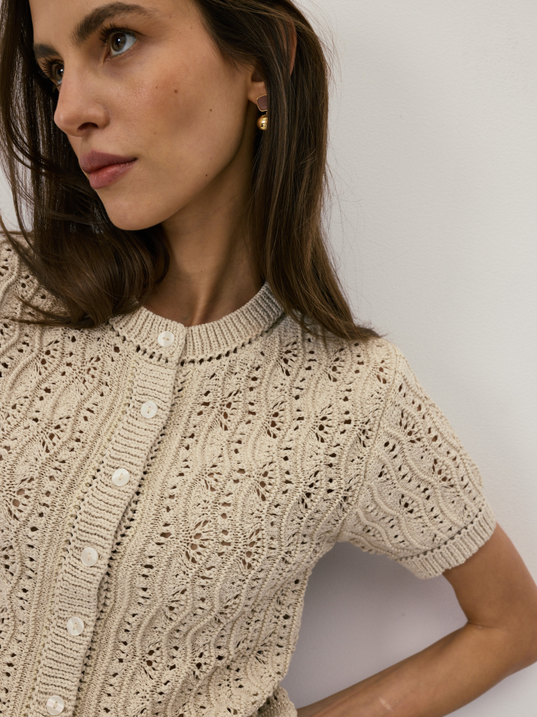 Beige openwork cardigan with short sleeves