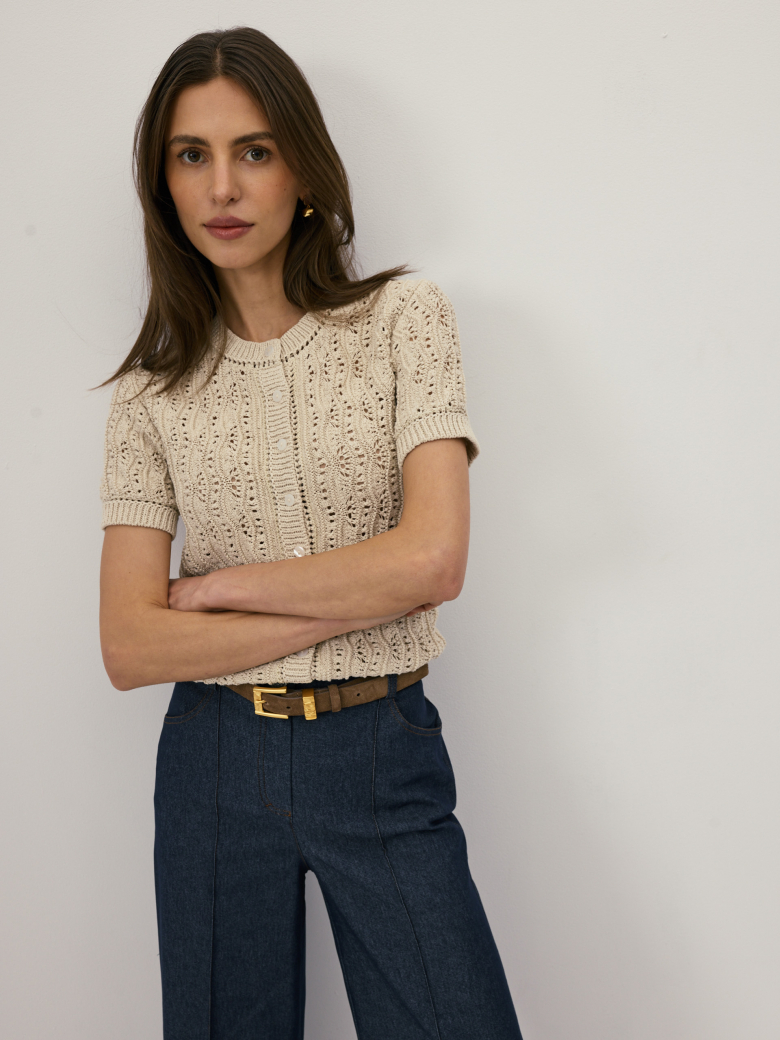 Beige openwork cardigan with short sleeves