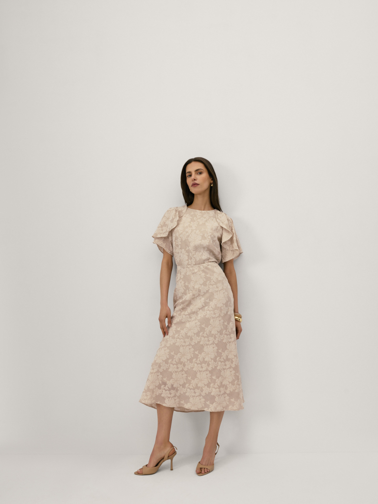Beige midi dress with a jacquard pattern